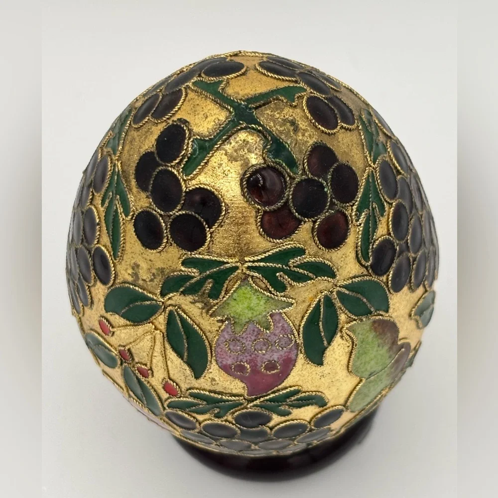 Chinese Enamel Cloisonne Egg With Stand Raised Fruit Design 4”x3”Vintage Gold